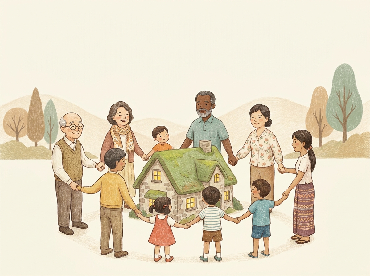 手をつなぎ、温かい家を囲む多様な世代・国籍の人々のイラスト